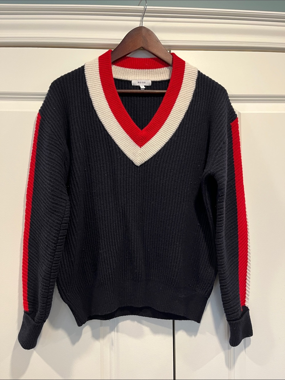 Reiss Black V-Neck Sweater with Red & Cream Trim